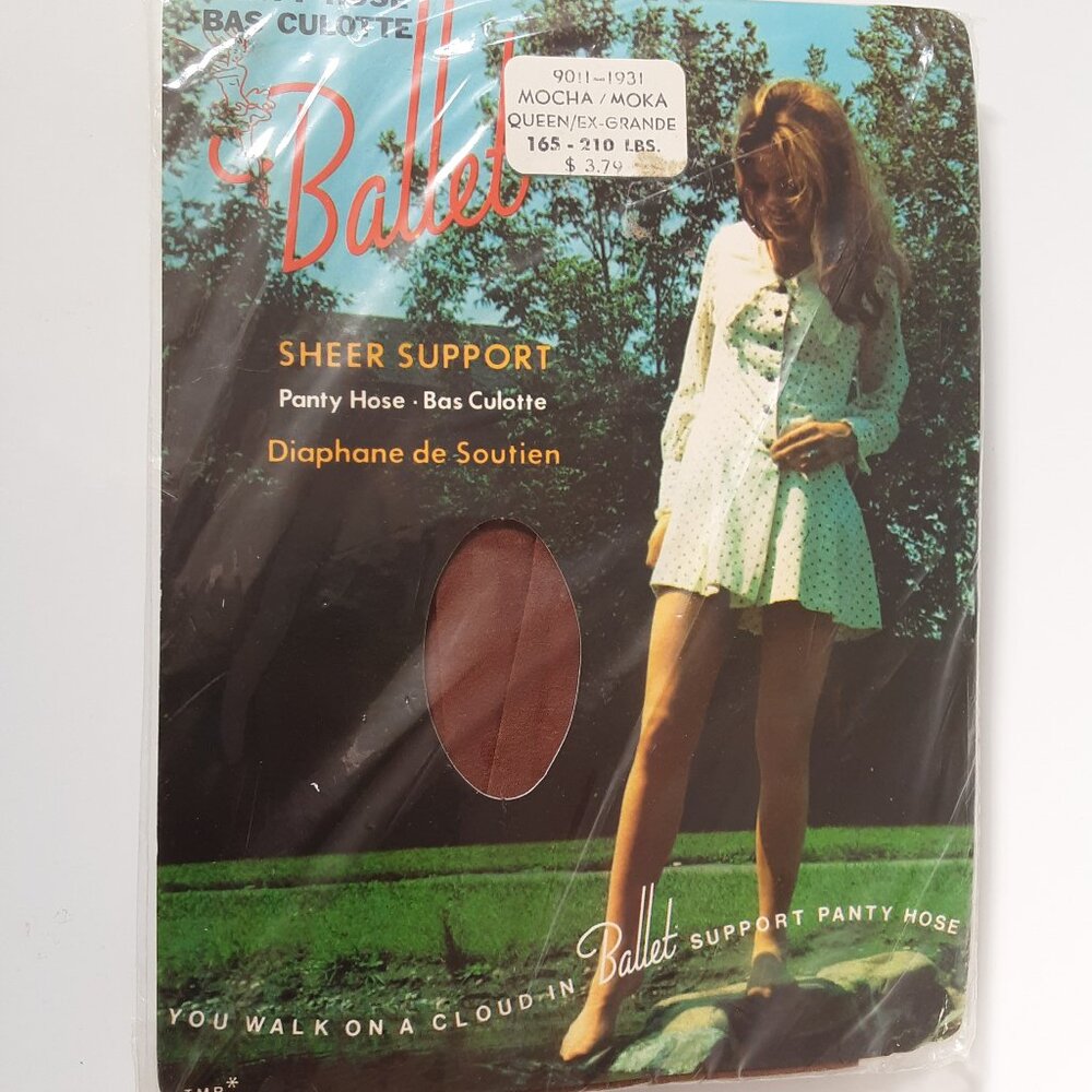 Vintage 1970s BALLET Sheer Support Pantyhose Queen Size Mocha NOS Deadstock